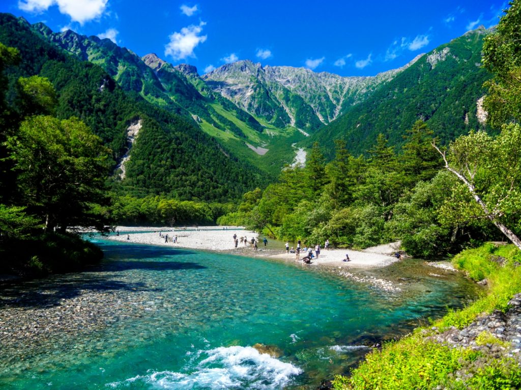 The Kappa Bridge and the Northern Alps at Kamikochi, Nagano