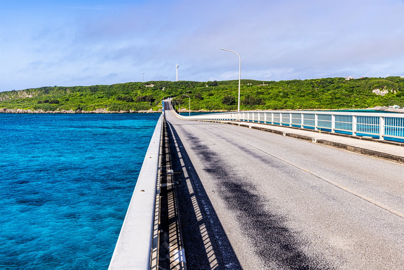Turquoise sea and a long bridge seen from a viewpoint on Miyako Island